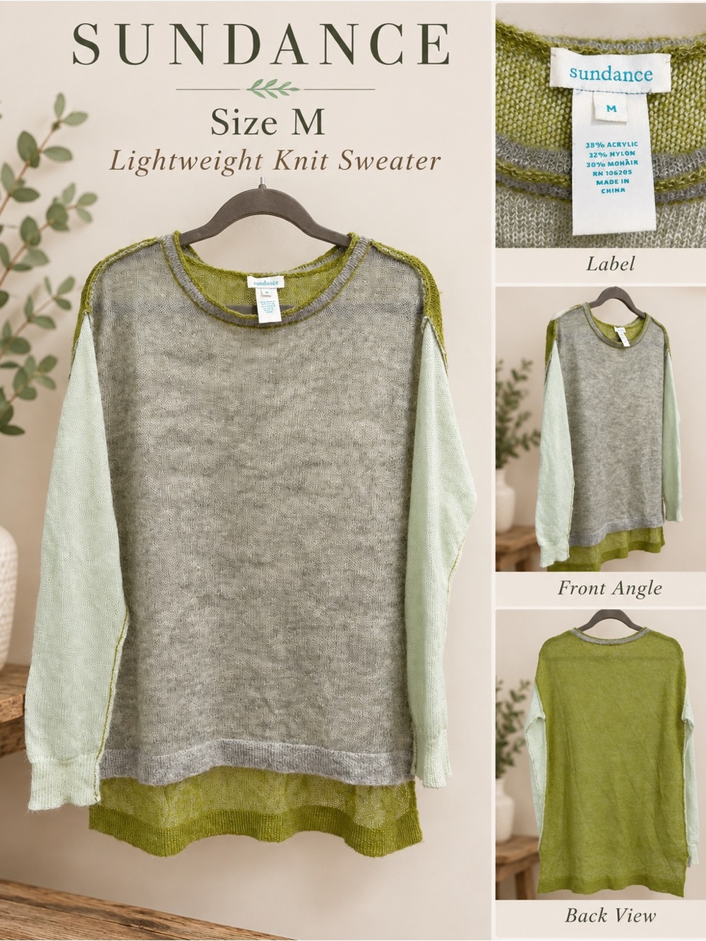 Sundance Two-Tone Green & Mint Layered-Look Knit Sweater size M